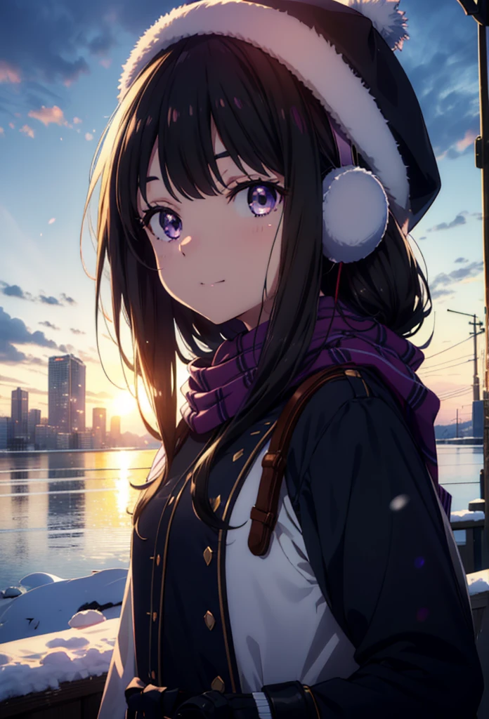 Takiuchikami,Long Hair, bangs, Black Hair, (Purple eyes:1.2),happy smile, smile, Open your mouth,Knitted hat,Earmuffs,Blue long coat,White Sweater,White scarf,Long skirt,Black pantyhose,short boots,snowが積もっている,snowが降っている,winter,Cold Sky,night,moonlight,snow,snow,snow,snow,whole bodyがイラストに入るように,Walking,
break looking at viewer, whole body, 
break outdoors, city,construction area,
break (masterpiece:1.2), highest qualそれy, High resolution, unそれy 8k wallpaper, (shape:0.8), (Beautiful and beautiful eyes:1.6), Highly detailed face, Perfect lighting, Extremely detailed CG, (Perfect hands, Perfect Anatomy),