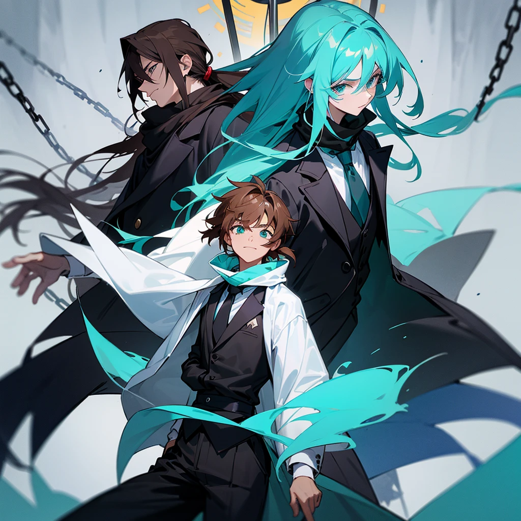 1 man with long brown hair and hair tied back, wearing a black overcoat covering his white shirt with a cyan tie and black dress pants with pockets and chains while wearing a white scarf with a tall white background with a smile and a clock showing 12 hours and 28 Roman minutes in black and white and conjuring a magic in the form of a cyan colored time clock with his hair looking like Meliodas with a masculine but beautiful face