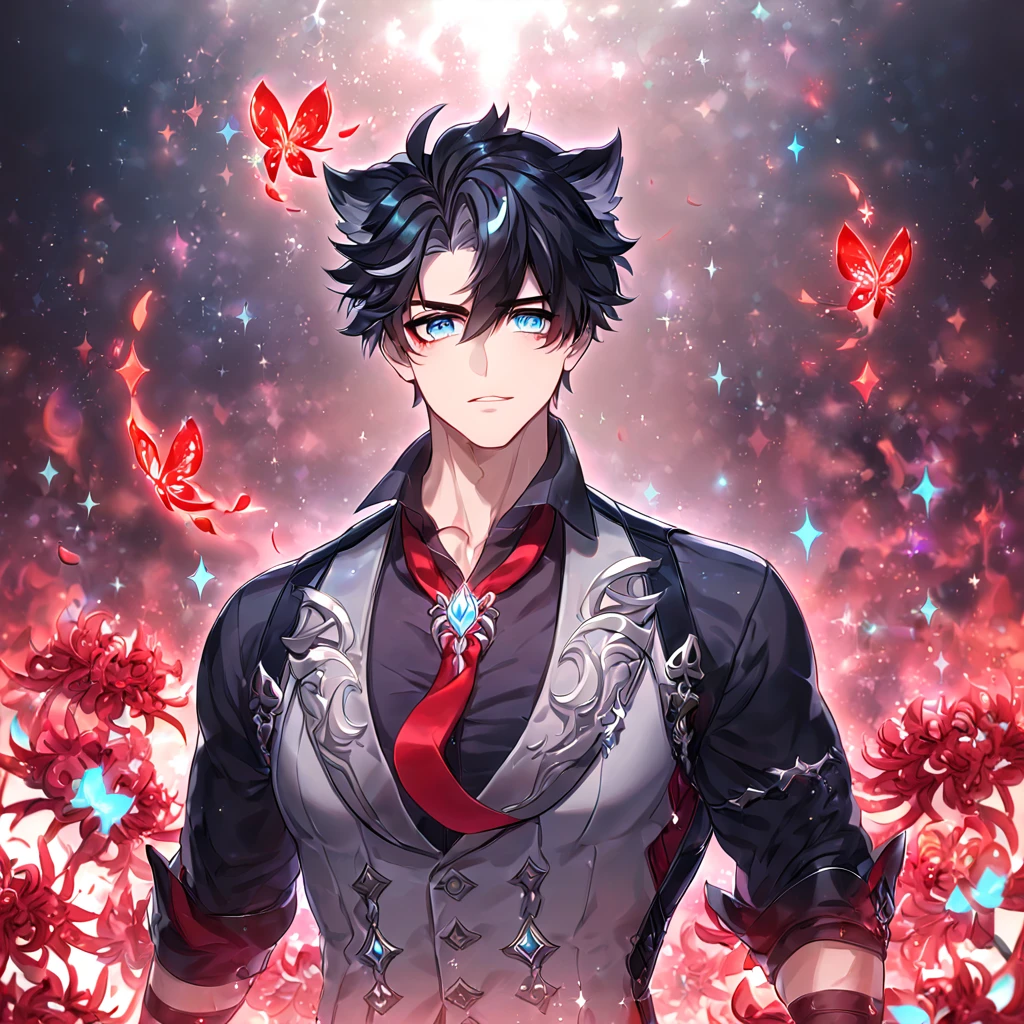 absurdres, highres, ultra detailed, HDR) master piece, best quality, Wriothesley, black hair, expressive gray-blue eyes, Genshin Impact, solo, sexy man, handsome, sensual, black shirt, gray vest, loosely red necktie, accessories, magical, fantasy, red butterflies, glittering, sparkling, red spider lilies, petals, radiant, flames, crystal glass style, manly man