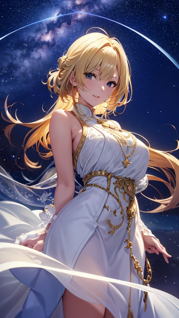 masterpiece, high quality, 4K, Beautiful design, silhouette，blonde， 非常に詳細な夜のStarry Sky,Glass Kingdom，Glass World，Glass Castle， wonderful, Finer details,  Very knowledgeable woman, Highly detailed solo, 1 female,Big Breasts， Pure white dress，Night view，Starry Sky，