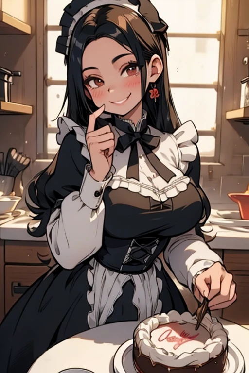 Perfect face. Perfect hands. A black haired woman with brown eyes and an hourglass figure in a ta maid outfit is baking a cake in a fancy kitchen with a big smile