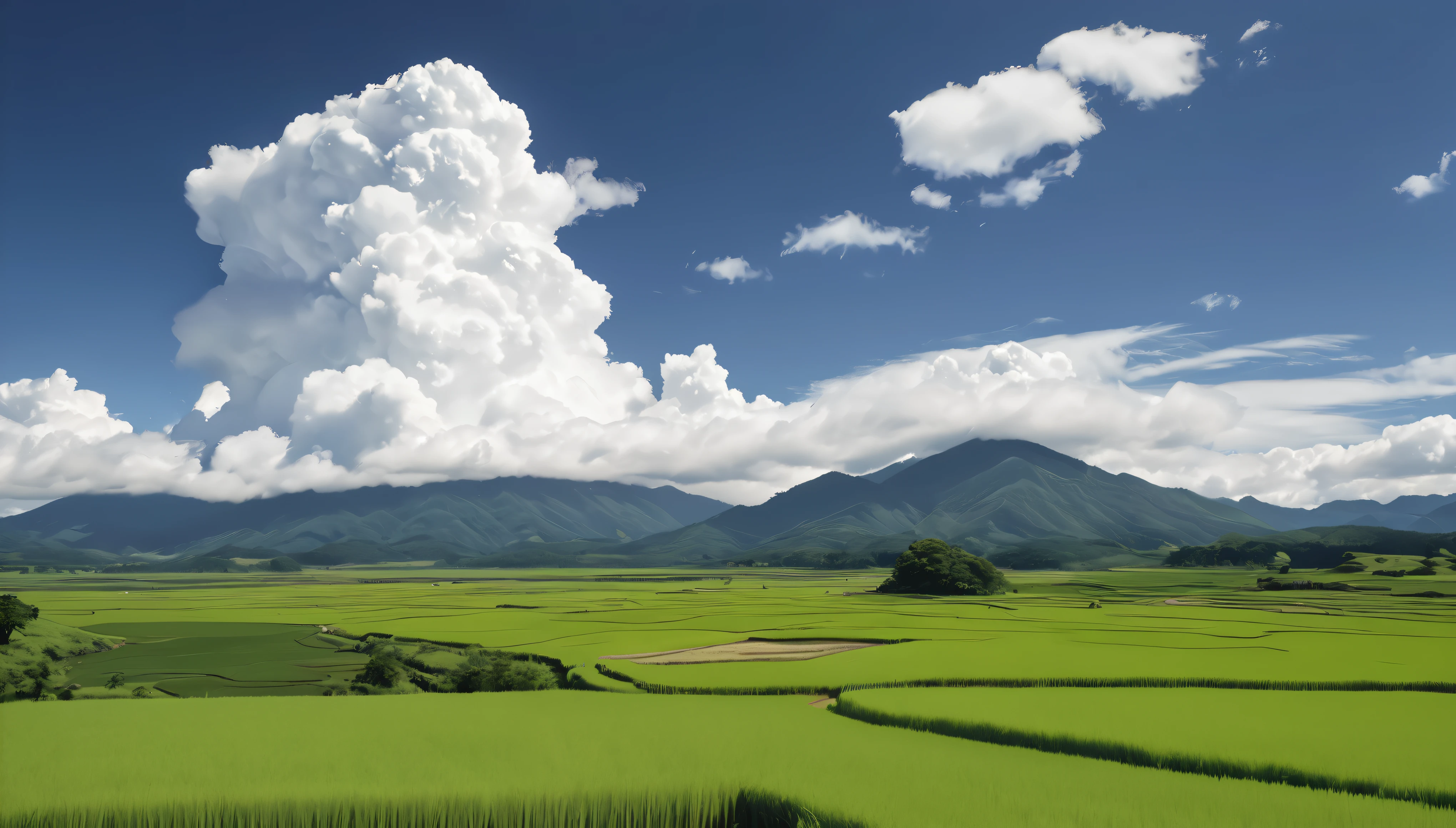 a peaceful rural japanese landscape, lush green rice fields, winding unpaved roads, summer day, clear sky, towering cumulus clouds, midday sunlight, (best quality,4k,8k,highres,masterpiece:1.2),ultra-detailed,(realistic,photorealistic,photo-realistic:1.37),high resolution,ultra high resolution,studio lighting,vivid colors,professional