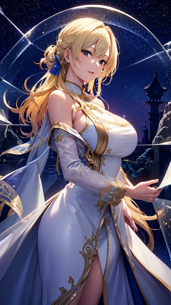 masterpiece, high quality, 4K, Beautiful design, silhouette，blonde， 非常に詳細な夜のStarry Sky,Glass Kingdom，Glass World，Glass Castle， wonderful, Finer details,  Very knowledgeable woman, Highly detailed solo, 1 female,Big Breasts， Pure white dress，Night view，Starry Sky，