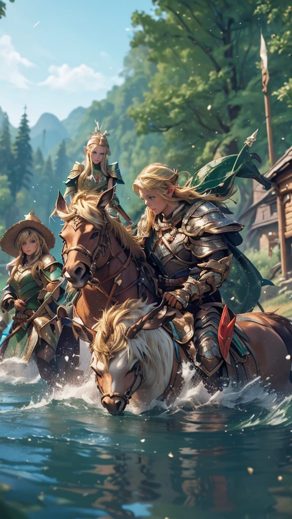 Stable Diffusion prompt: elf warrior girl, blonde hair and braids, green armor, arrow, aiming, dense forest, riding deer, river, fantasy theme, (best quality, 4k, highres, masterpiece:1.2), ultra-detailed, (realistic:1.37), portraits, vivid colors, bokeh, soft lighting.