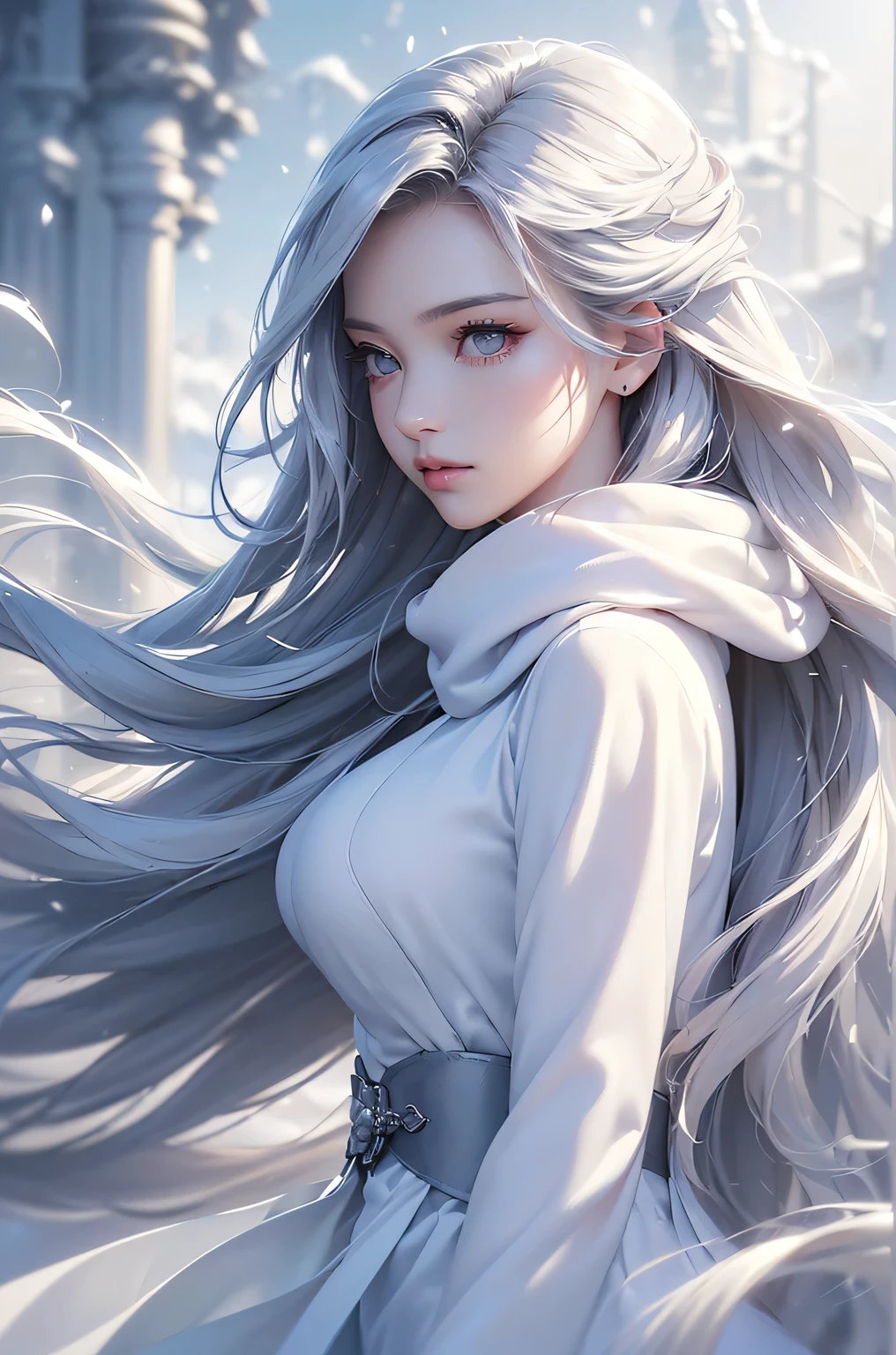 ((masterpiece:1.5、8k、Portraiture、Photorealistic and very detailed CG、Very detailed、Particle Effects、Dynamic Effects、Shallow depth of field、Cinematic Light、Lens flare、Ray Tracing、Tabletop、Realistic:1.4、Ultra-high resolution:1.2、Realistic、Realistic))((alone、,A woman wearing a cashmere coat over an off-the-shoulder dress:1.4、wear a long scarf、White Belt、coat、Elegant woman posing、Detailed face、brightexpression、young, bright, Whiter skin、Ample breasts、Best Looks、Ultimate beauty、Shiny silver hair with highlights、bright and shiny hair,、Super long, Silky straight hair、Hair dancing in the wind))(morning、outdoors, winter, snow falling)