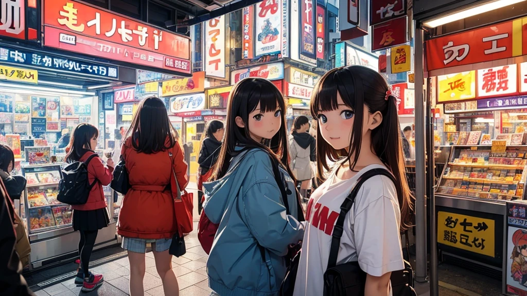 (masterpiece, Highest quality:1.1), (Popart Style),Flat Color,(Two Girls),Cute face,Tween,Have a nice trip,(Akihabara, the town of otaku, Tokyo),Japan, Beautiful and detailed scenery, Beautiful lighting,very happy,Dynamic pose,Portrait Photography, sharp,An illustration:Don'unreadable,