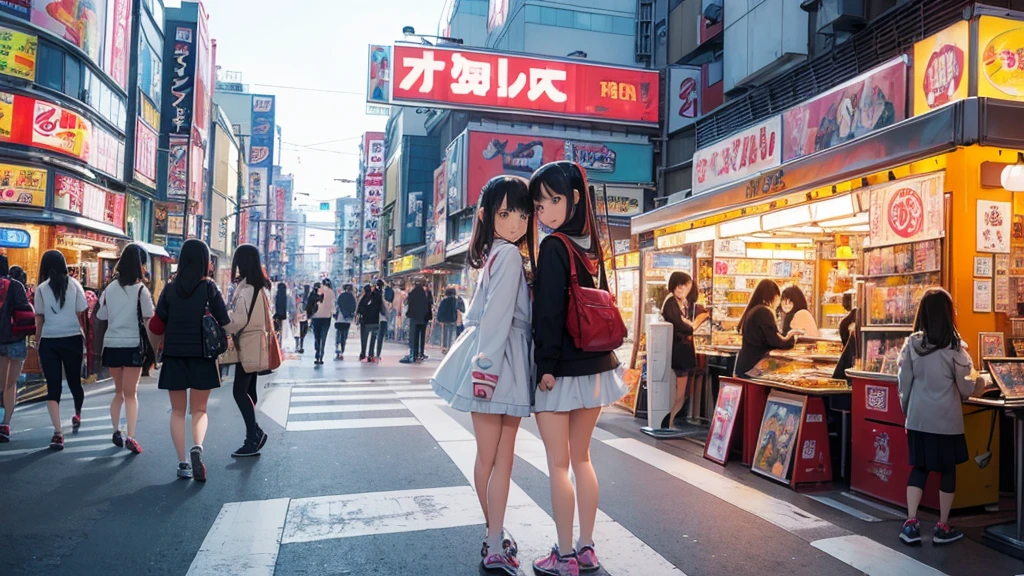 (masterpiece, Highest quality:1.1), (Popart Style),Flat Color,(Two Girls),Cute face,Tween,Have a nice trip,(Akihabara, the town of otaku, Tokyo),Japan, Beautiful and detailed scenery, Beautiful lighting,very happy,Dynamic pose,Portrait Photography, sharp,An illustration：Don&#39;unreadable,