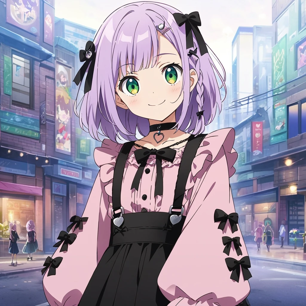A girl, (a girl with closs hair pin, looking at viewer. Light purple hair, single braid hair, smiling face, green eyes. closs hair pin, pink shirt, cosplay, jirai kei, bangs, black skirt, black bow, looking at viewer, bow, long sleeves, choker, ribbon:1.4), anime visual, (tilt head:1.3),Cute, Kawaii, Masterpiece, Detailed Drawing, Illustration, Official Art,