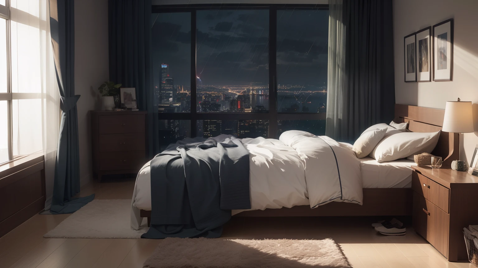 ((Highest quality)), ((masterpiece)), (detailed), night、I can see the rain falling from inside my room.、Bedroom、A dark room with no lights