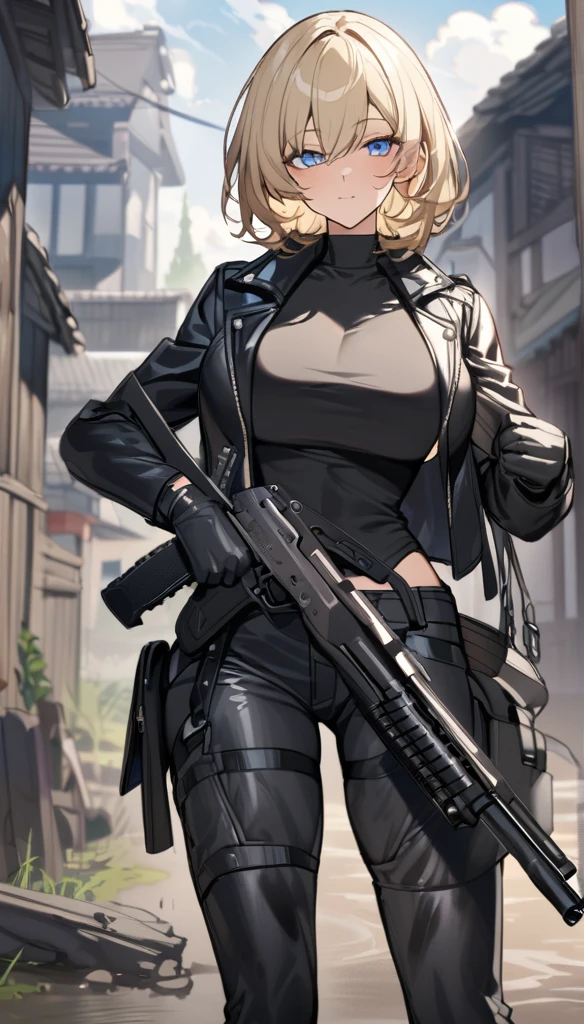 Tall pale woman with short blonde hair, blue eyes, large breasts, toned, dressed in a black shirt and leather jacket, black tactical pants, holding a 9mm handgun and a shotgun On the back, village background with very cloudy sky with mud poses
