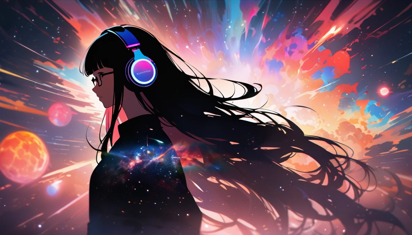 Profile of a woman silhouette.(Long Hair:1.3), Blunt bangs, (((Under-rim glasses:1.3))), (Headphones:1.3), Inside the silhouette you can see the Double exposure with a deep space, universe, Supernova explosion, masterpiece, ((Double exposure)), Proportion.,Double exposure

