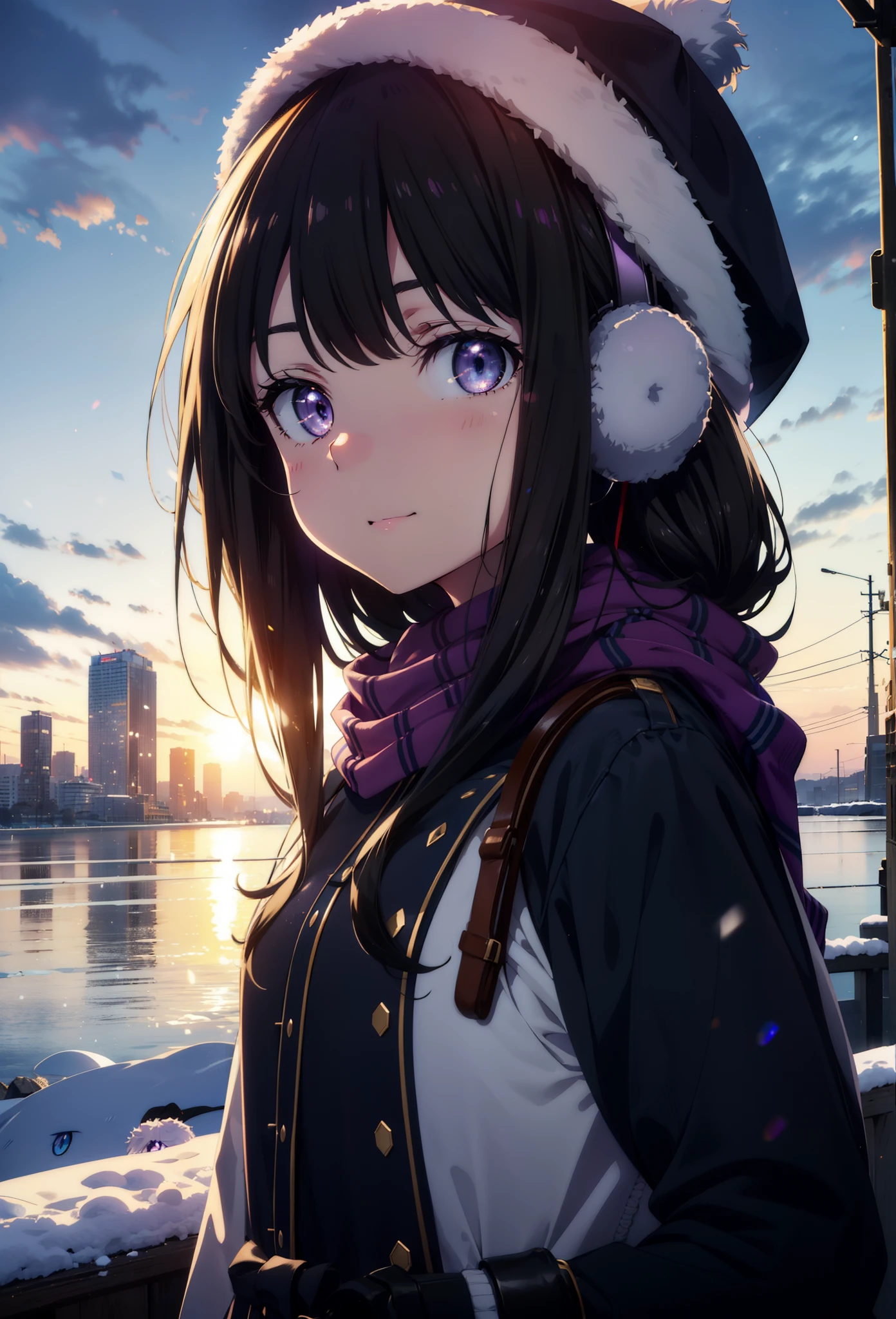 Takiuchikami,Long Hair, bangs, Black Hair, (Purple eyes:1.2),happy smile, smile, Open your mouth,Knitted hat,Earmuffs,Blue long coat,White Sweater,White scarf,Long skirt,Black pantyhose,short boots,snowが積もっている,snowが降っている,winter,Cold Sky,night,moonlight,snow,snow,snow,snow,whole bodyがイラストに入るように,Walking,
break looking at viewer, whole body, 
break outdoors, city,construction area,
break (masterpiece:1.2), highest qualそれy, High resolution, unそれy 8k wallpaper, (shape:0.8), (Beautiful and beautiful eyes:1.6), Highly detailed face, Perfect lighting, Extremely detailed CG, (Perfect hands, Perfect Anatomy),