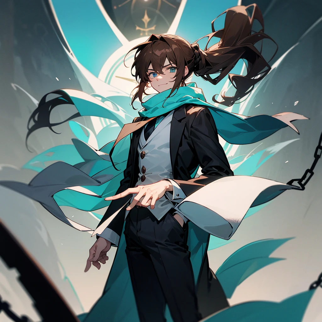1 man with long brown hair and hair tied back, wearing a black overcoat covering his white shirt with a cyan tie and black dress pants with pockets and chains while wearing a white scarf with a tall white background with a smile and a clock showing 12 hours and 28 Roman minutes in black and white and conjuring a magic in the form of a cyan colored time clock with his hair looking like Meliodas with a masculine but beautiful face