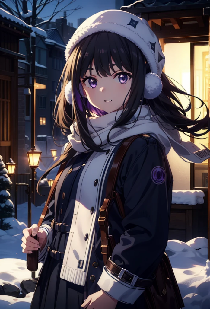 Takiuchikami,Long Hair, bangs, Black Hair, (Purple eyes:1.2),happy smile, smile, Open your mouth,Knitted hat,Earmuffs,Blue long coat,White Sweater,White scarf,Long skirt,Black pantyhose,short boots,snowが積もっている,snowが降っている,winter,Cold Sky,night,moonlight,snow,snow,snow,snow,whole bodyがイラストに入るように,Walking,
break looking at viewer, whole body,
break outdoors, city,construction area,
break (masterpiece:1.2), highest qualそれy, High resolution, unそれy 8k wallpaper, (shape:0.8), (Beautiful and beautiful eyes:1.6), Highly detailed face, Perfect lighting, Extremely detailed CG, (Perfect hands, Perfect Anatomy),