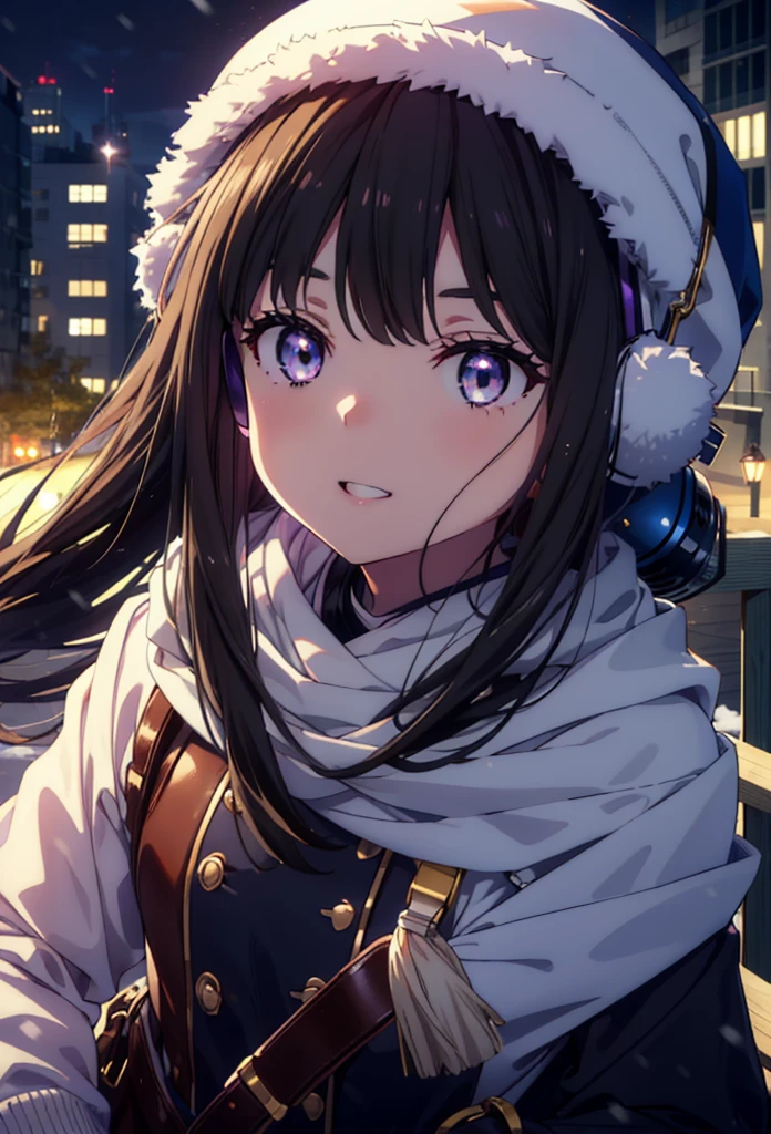 Takiuchikami,Long Hair, bangs, Black Hair, (Purple eyes:1.2),happy smile, smile, Open your mouth,Knitted hat,Earmuffs,Blue long coat,White Sweater,White scarf,Long skirt,Black pantyhose,short boots,snowが積もっている,snowが降っている,winter,Cold Sky,night,moonlight,snow,snow,snow,snow,whole bodyがイラストに入るように,Walking,
break looking at viewer, whole body,
break outdoors, city,construction area,
break (masterpiece:1.2), highest qualそれy, High resolution, unそれy 8k wallpaper, (shape:0.8), (Beautiful and beautiful eyes:1.6), Highly detailed face, Perfect lighting, Extremely detailed CG, (Perfect hands, Perfect Anatomy),