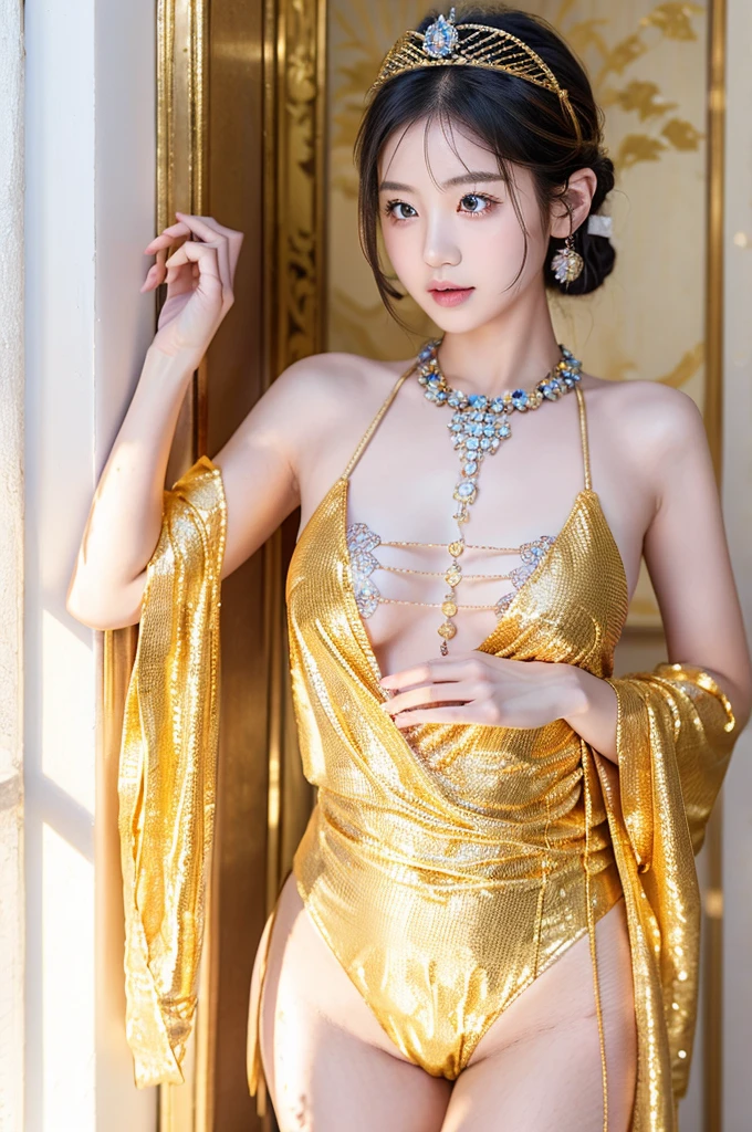 Japanese cute girl dressed as Kannon Bodhisattva, Buddha Statue, wearing a golden leotard, wearing white fishnet stockings, wearing a small treasure crown on her head, Golden Transparent Fluttering Robes, walls with golden patterns, very young girl, twin tail hair, white skin, standing, facing straight ahead, hands clasped in front of the chest, (((realistic))), (((High resolution)))