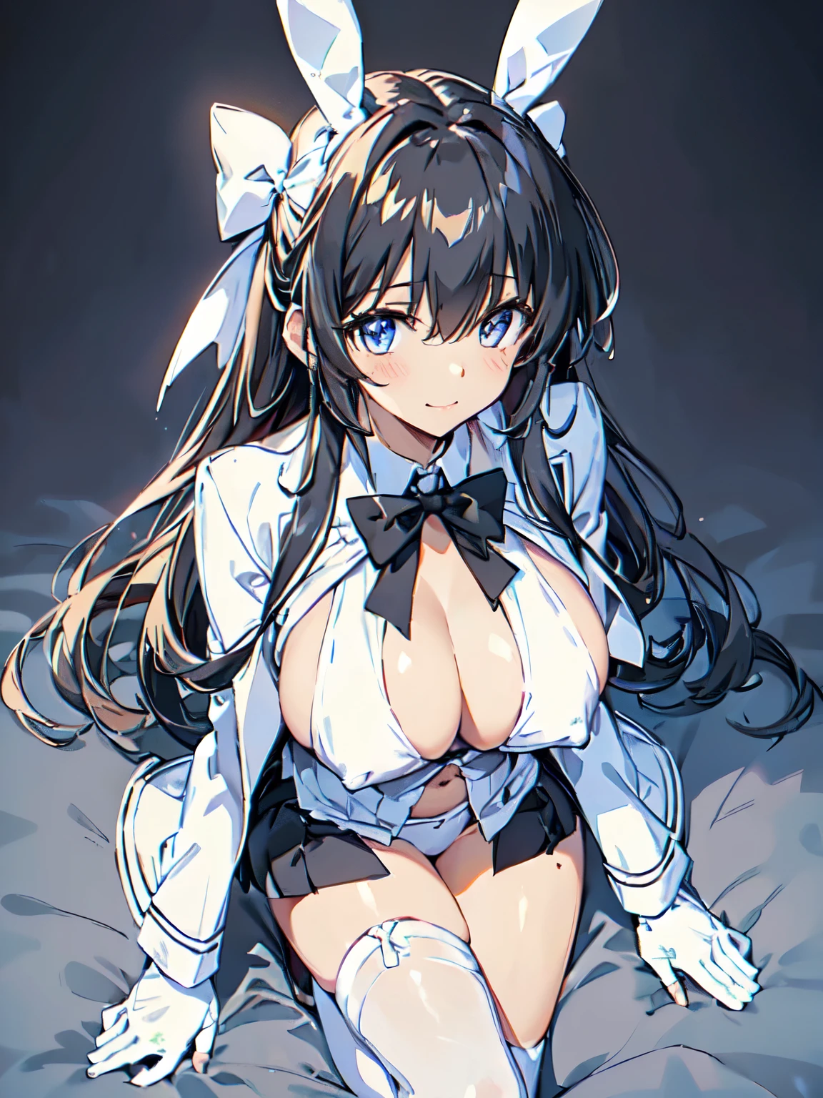 (tuxedo jacket), (white leotard), smiling(short height)(young girl), (black bunny ears), (huge round )(big boobs),ow waist, belly button, smalps, (bare hips), (thin legs)(bare legs), (thin thighs)spread, (white high-heel), (silver ponytail)(white ribbon), (Highly Detailed CG Unity 8K Wallpaper) (Better Quality) (Better lighting)