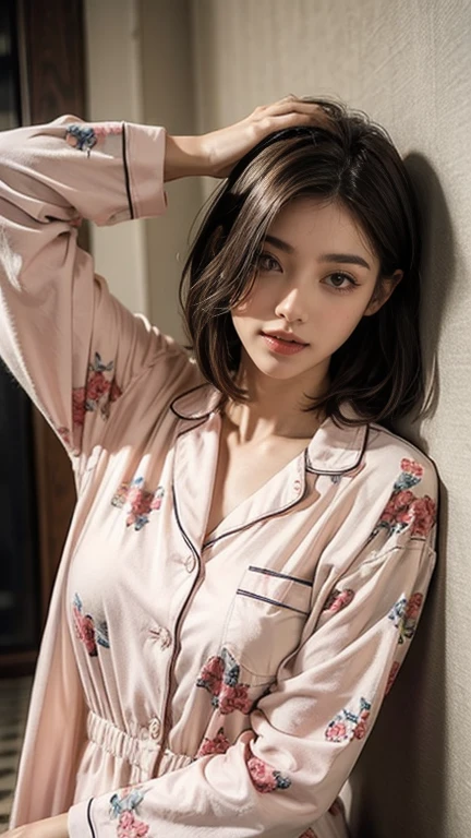 Sleepy girl, 22 years old, Realistic, She wears a short, She is wearing floral pajamas, short hair.