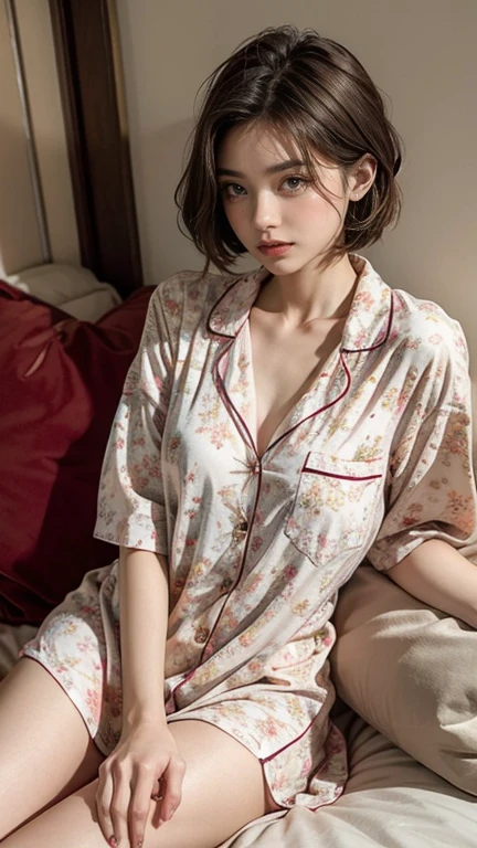 Sleepy girl, 22 years old, Realistic, She wears a short, She is wearing floral pajamas, short hair.