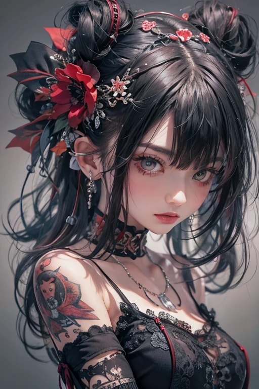 Highest quality、、masterpiece:1.3、Gothic Punk、Red inside、Gray Black Hair、hair ornaments、beautiful girl、creative、Punk Shirt、Neogoth、Goth Fashion:1.2、High resolution、masterpiece、Highest quality、頭w:1.3、((Hasselblad Photos))、Fine skin、Sharp focus、(Cinema Lighting)、Explore Tokyo'The night city beyond the neon lights, Forehead open, 19 years old、Petting'Hair back、Shoulder Bare、Small red rose tattoo on the décolletage、Just one tattoo