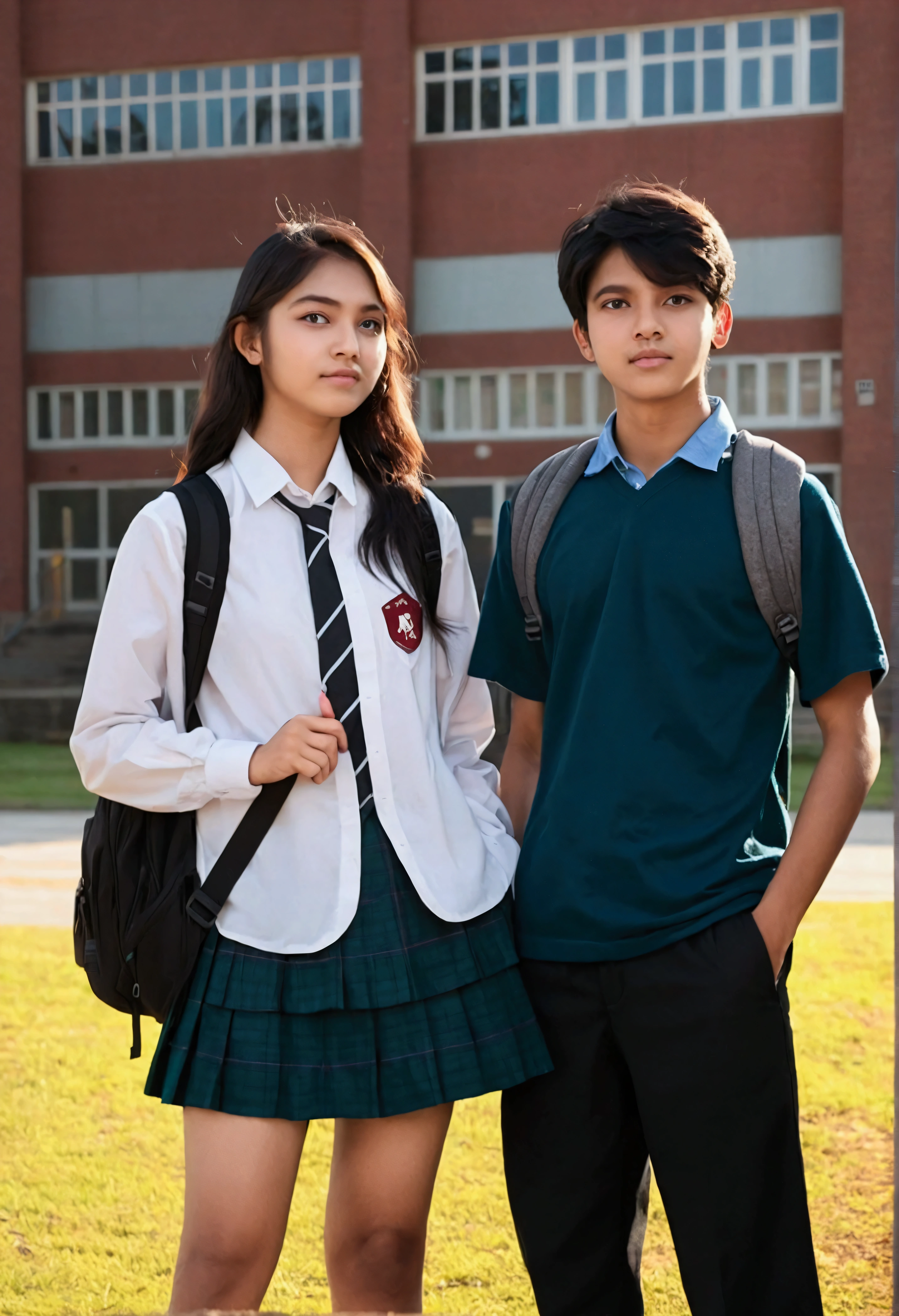 Male and female students stand together in front of the school.