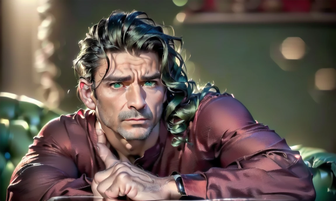 "((highly detailed, detailed eyes, detailed face, clear and realistic facial features, photorealistic, realistic light; cinematic)), (1 man), ((((small studio background)))), (((sophisticated gorgeous refined middle-aged male artist))), ((strangely beautiful yet masculine)), ((((intense fascinated expression)))), ((serene mood)), (((dark green eyes))), ((long wavy brunette hair tied half up)), (((dressed in a red shirt and jeans)))." 