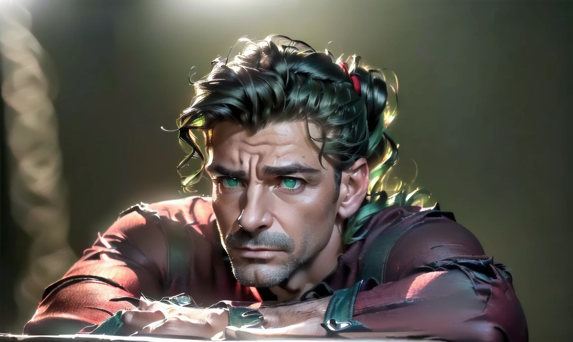 "((highly detailed, detailed eyes, detailed face, clear and realistic facial features, photorealistic, realistic light; cinematic)), (1 man), ((((small studio background)))), (((sophisticated gorgeous refined middle-aged male artist))), ((strangely beautiful yet masculine)), ((((intense fascinated expression)))), ((serene mood)), (((dark green eyes))), ((long wavy brunette hair tied half up)), (((dressed in a red shirt and jeans)))."