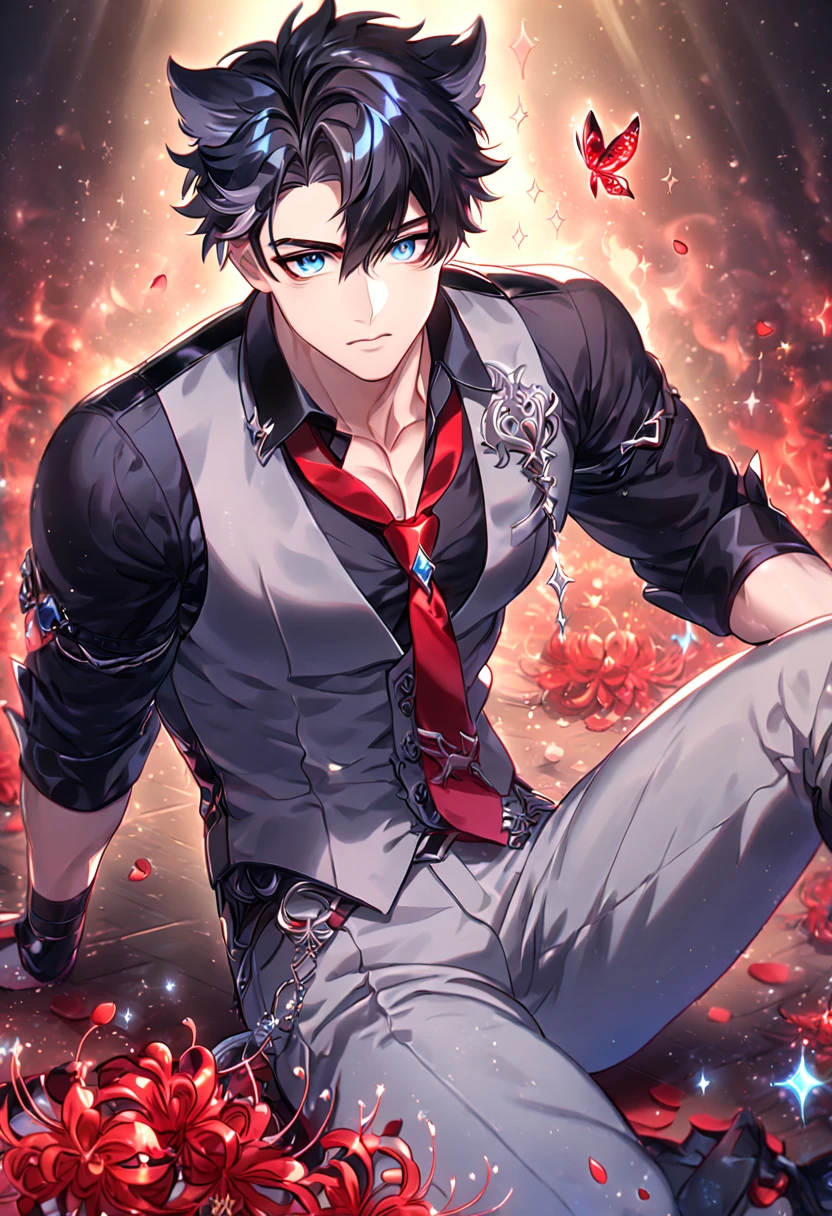 absurdres, highres, ultra detailed, HDR) master piece, best quality, Wriothesley, black hair, expressive gray-blue eyes, Genshin Impact, solo, sexy man sitting, handsome, sensual, black shirt, gray vest, loosely red necktie, gray pants, accessories, magical, fantasy, red butterflies, glittering, sparkling, red spider lilies, petals, radiant, flames, crystal glass style, manly man