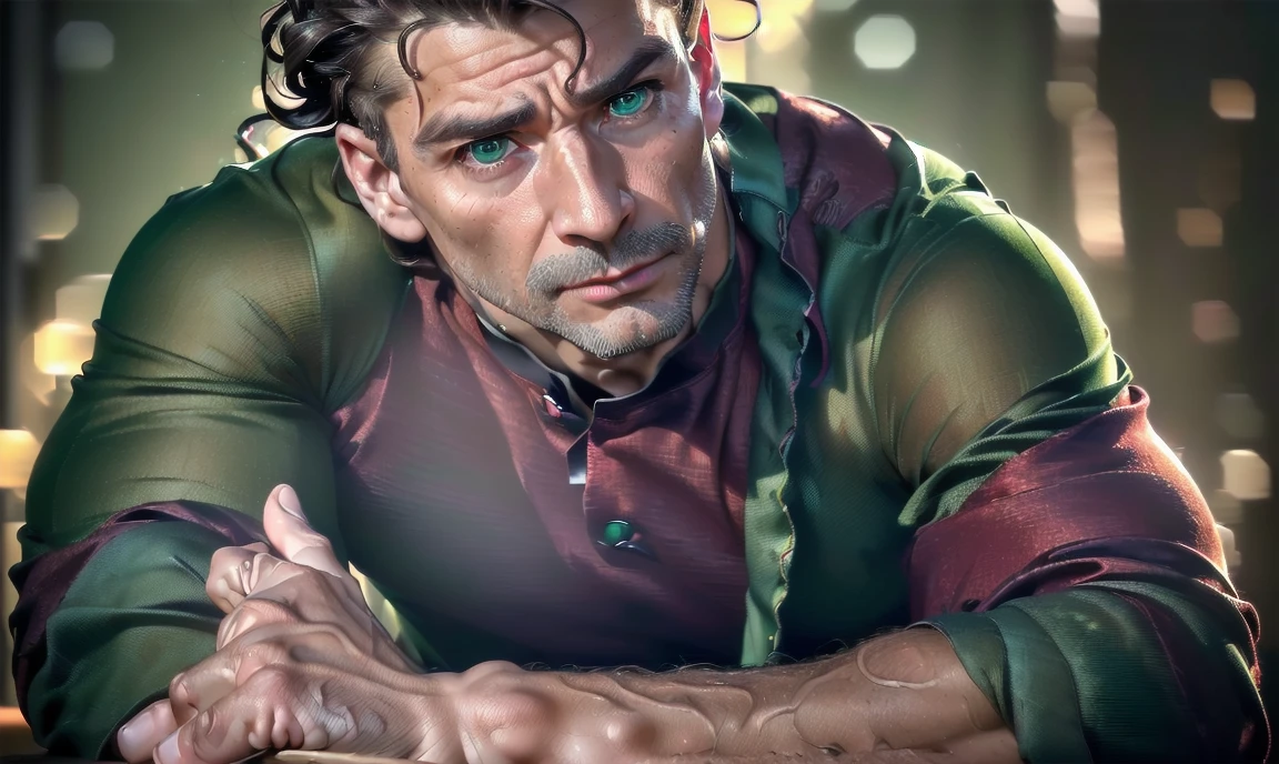 "((highly detailed, detailed eyes, detailed face, clear and realistic facial features, photorealistic, realistic light; cinematic)), (1 man), ((((small studio background)))), (((sophisticated gorgeous refined middle-aged male artist))), ((strangely beautiful yet masculine)), ((((intense fascinated expression)))), ((serene mood)), (((dark green eyes))), ((long wavy brunette hair tied half up)), (((dressed in a red shirt and jeans)))."