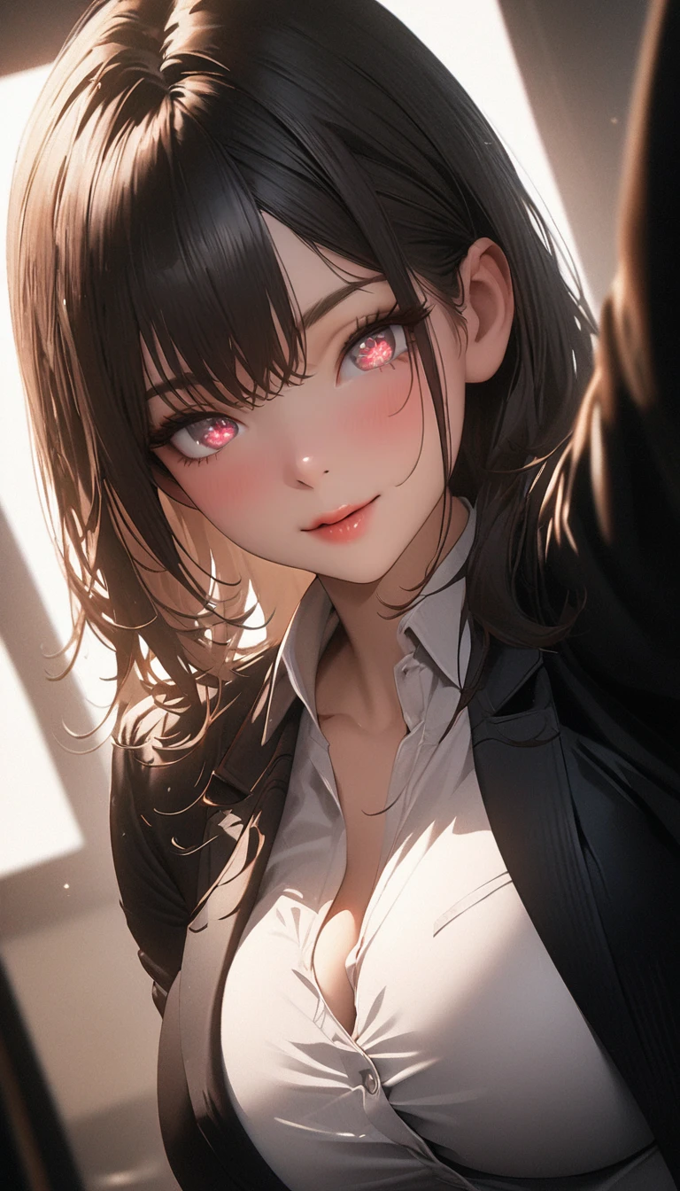(high quality, 8k, 4K, High Contrast, masterpiece:1.2, 最high quality, Best aesthetics), 1 female, (Realistic skin texture:1.3), (Film Grain:1.3), (Selfie angle, High Angle), Wearing a blazer over her big boobs, (Chest highlights), One Girl, Beautiful and detailed eyes and face, 最high quality, close, Upper Body,