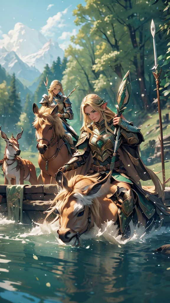 Stable Diffusion prompt: elf warrior girl, blonde hair and braids, green armor, arrow, aiming, dense forest, riding deer, bath on the river, fantasy theme, (best quality, 4k, highres, masterpiece:1.2), ultra-detailed, (realistic:1.37), portraits, vivid colors, bokeh, soft lighting.