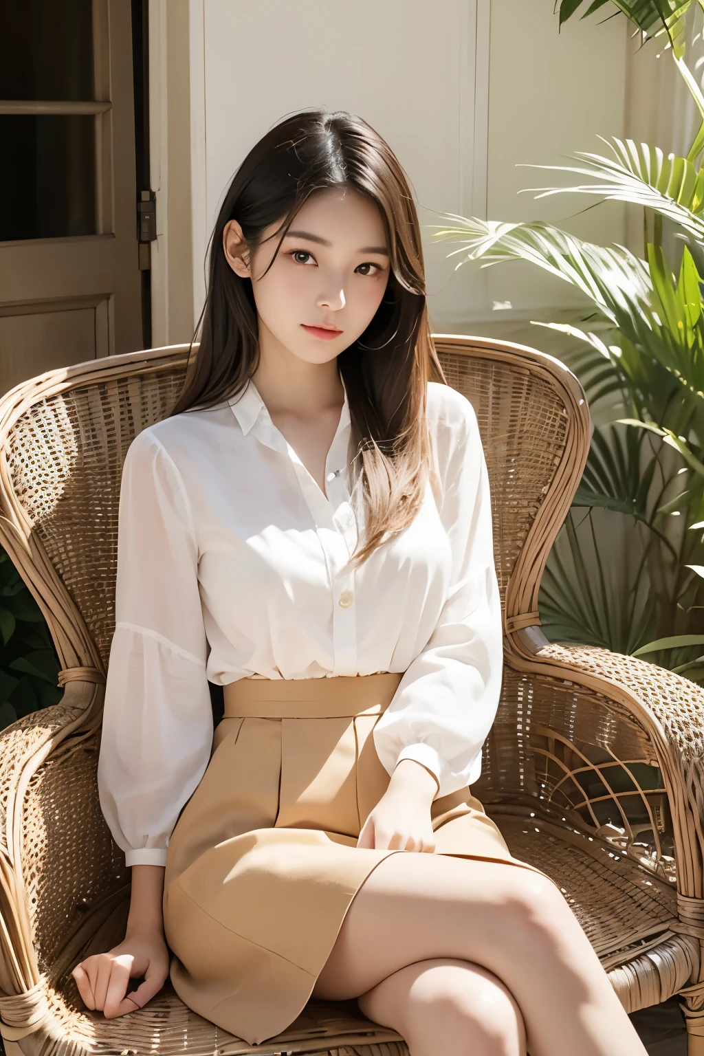 Very beautiful Japanese woman、Around 20 years old、layered cut、Sitting on a wicker chair、Scornful expression、Crossing your legs、stylish、Stylish white blouse and beige skirt、Afternoon terrace of a French mansion、The white light shines brightly、Professional photos with attention to detail、Photorealistic、Highest quality