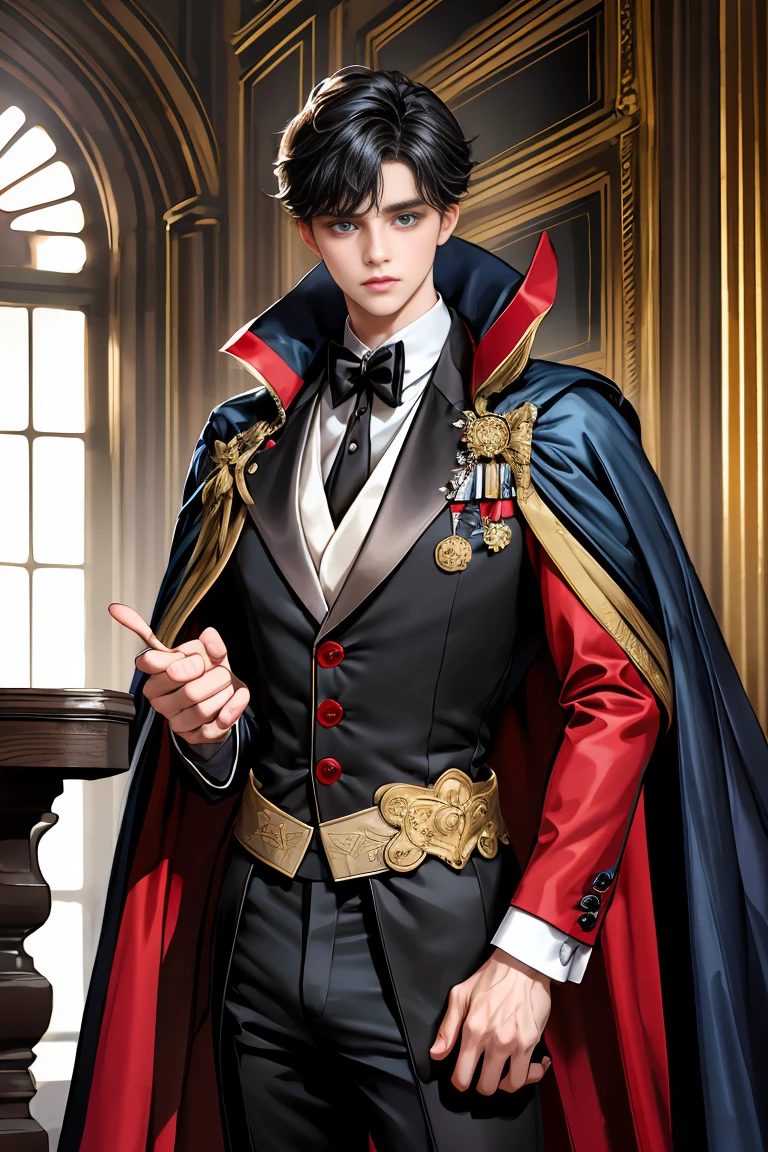 masterpiece, 最high quality, high quality, 1 boy, alone, Male focus, Watching the audience, Messy black hair, Adorable big blue eyes, White, Noble, Noble,A sexy, voluminous, puffy cape、tuxedo、A very voluminous, large, very large, very large, long, long red and black cape with a high stand-up collar, made of a lot of fabric that reaches down to the floor., 17 years old,Cute beautiful boys,Cute, cute, kind, handsome guy