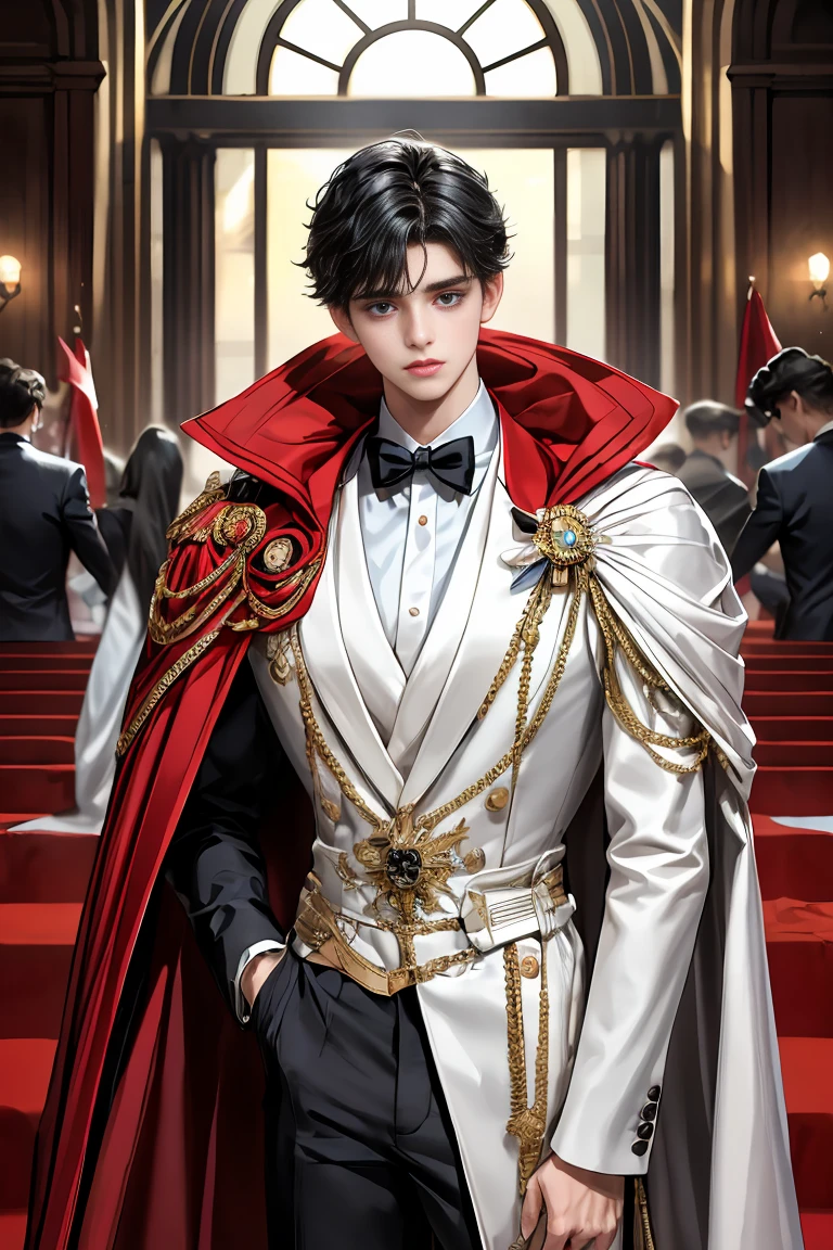 
masterpiece, 最high quality, high quality, 1 boy, alone, Male focus, Watching the audience,  Messy black hair, Adorable big blue eyes, White, Noble, Noble,A sexy, voluminous, puffy cape、tuxedo、A very voluminous, large, very large, very large, long, long red and black cape with a high stand-up collar, made of a lot of fabric that reaches down to the floor., ,Cute beautiful boys,Cute, cute, kind, handsome guy