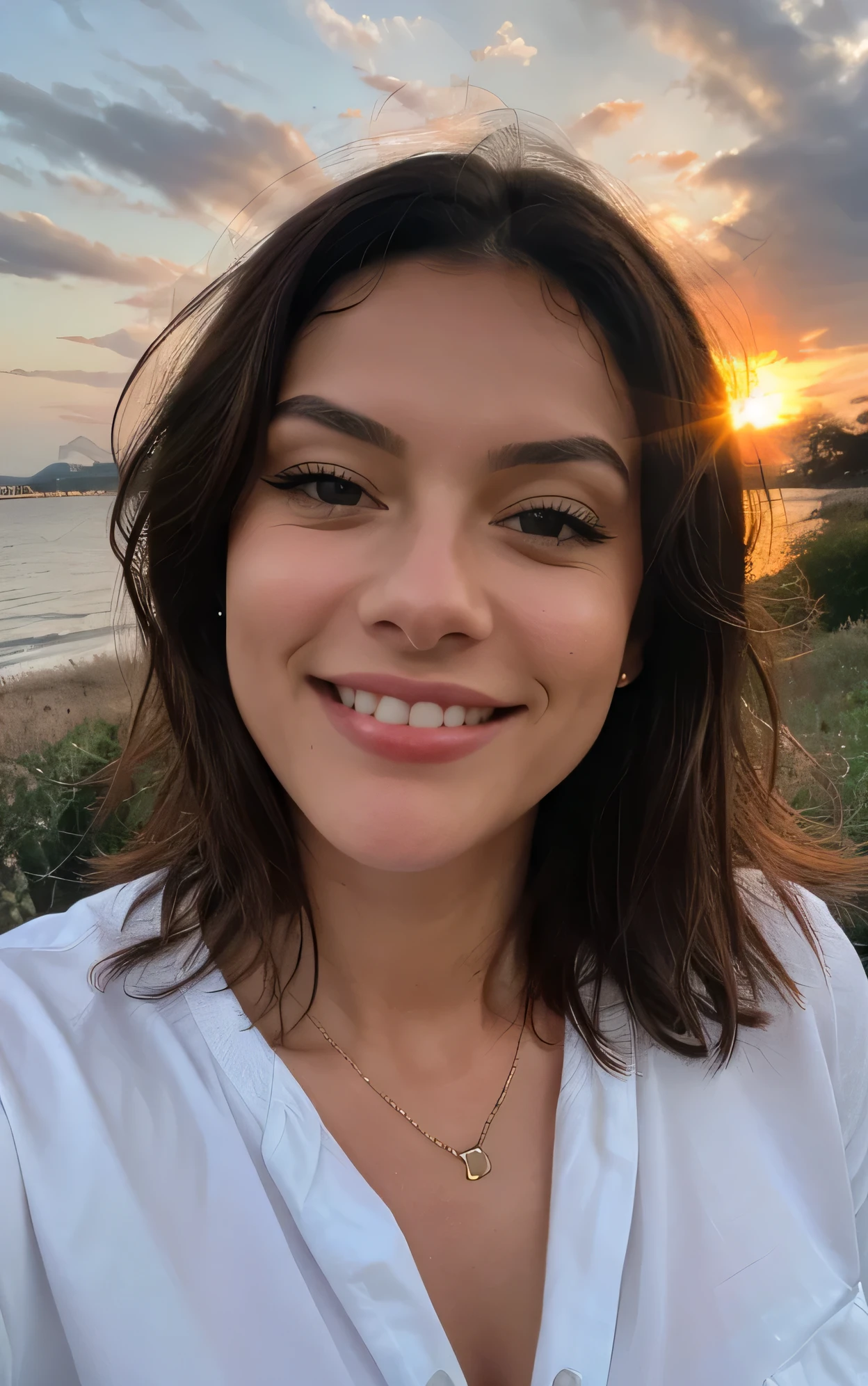 A American woman, 25yrs age, wearing casual shirt, high detailed facial structure, perfect structure, looking at the sunset, portrait, ultra realistic, magic light, cinematic, smiling cute face