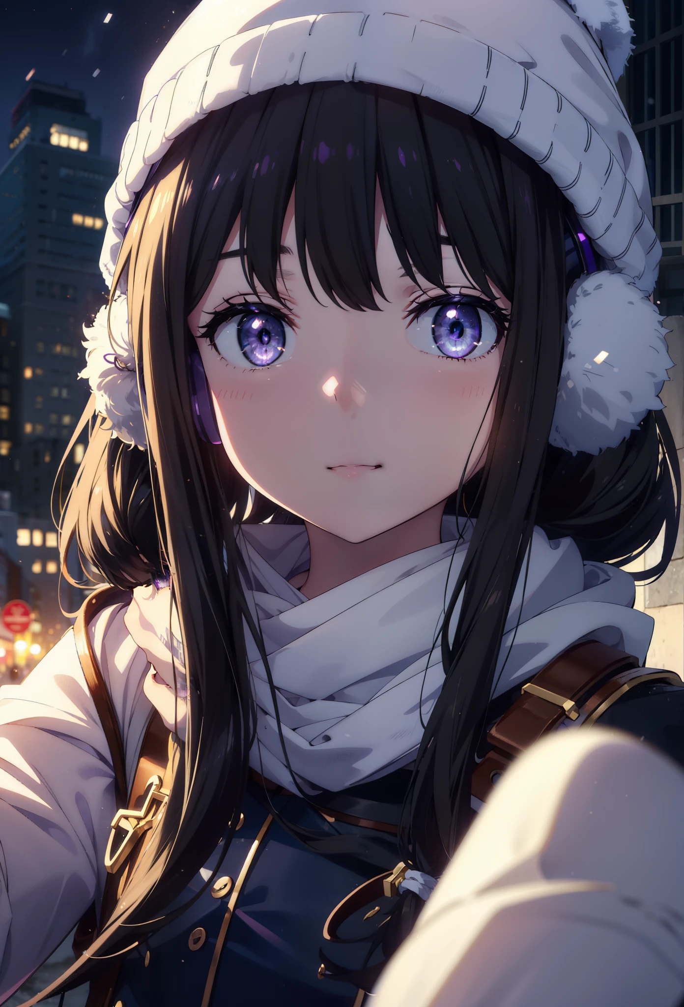 Takiuchikami,Long Hair, bangs, Black Hair, (Purple eyes:1.2),happy smile, smile, Open your mouth,Knitted hat,Earmuffs,Blue long coat,White Sweater,White scarf,Long skirt,Black pantyhose,short boots,snowが積もっている,snowが降っている,winter,Cold Sky,night,moonlight,snow,snow,snow,snow,whole bodyがイラストに入るように,Walking,
break looking at viewer, whole body,
break outdoors, city,construction area,
break (masterpiece:1.2), highest qualそれy, High resolution, unそれy 8k wallpaper, (shape:0.8), (Beautiful and beautiful eyes:1.6), Highly detailed face, Perfect lighting, Extremely detailed CG, (Perfect hands, Perfect Anatomy),