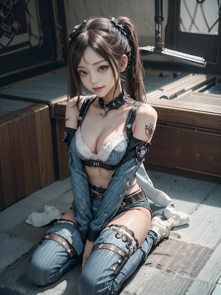 (Full body view:1.3)、(Side view:1.1)、(Smiling with teeth showing:1.3),(Shibuya Gal:1.5)、(Gothic Lolita style fashion:1.5)、(Punk RockVisual Kei:1.5)、(Wearing a rhythmic gymnastics ???????? with intricate details:1.4)、(Racing suit and pants with delicate decorations in white, denim and charcoal:1.5)、(Denim and light blue and white boots:1.3)、((belt))、(Numerous delicate logo marks all over the costume:1.4)、(collar:1.3)、(Striped ?????????:1.5)、20-year-old、????、((Highest quality、In 8K、masterpiece:1.3))、Sharp focus:1.2、(Layered Cut、Huge ?????:1.1),Beautiful woman with perfect figure:1.4、(Lying down in an aerobics position:1.3)、Slender Abs:1.2、Highly detailed face and skin texture、Detailed eyes、double eyelid,(Twin tails:1.3)、(Brown Hair:1.3)、Gravure idol、(The background is the stage of the fashion show:1.3)、(Slim Body:1.3),(Make your legs thinner:1.4),（clavicle:1.1）、(Thin and slim thighs:1.3)