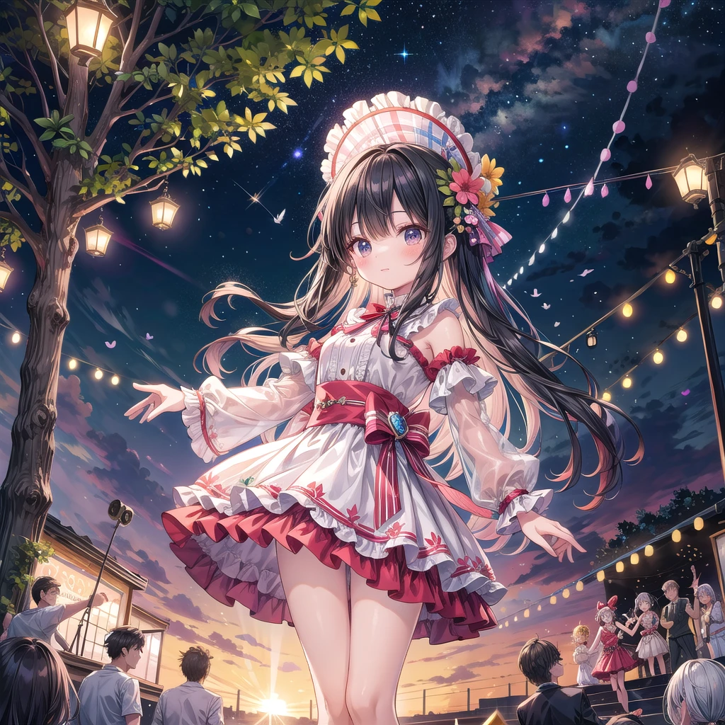 "Idols' last performance in a whimsical outdoor setting: Four distinct idol personalities in vibrant, personalized outfits on a flower-covered stage. Soft watercolor technique with warm sunset colors. They're mid-dance, surrounded by swirling ribbons and sparkles. The background features a fantastical treehouse-style venue with fairy lights and oversized musical instruments. Adoring fans release balloons and doves into the sky. A rainbow arches over the scene, adding to the dreamlike quality."