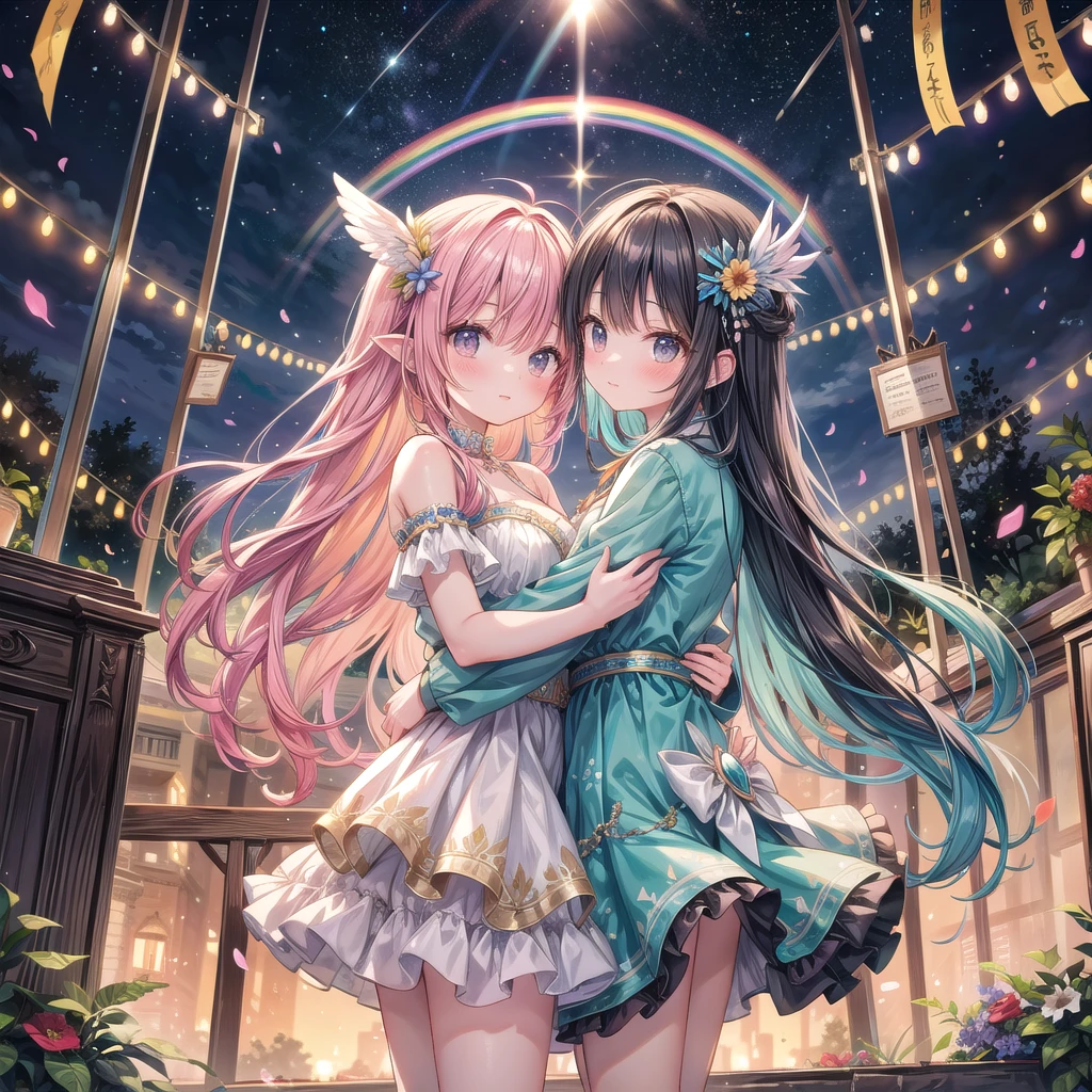 "Idols' last performance in a whimsical outdoor setting: Four distinct idol personalities in vibrant, personalized outfits on a flower-covered stage. Soft watercolor technique with warm sunset colors. They're mid-dance, surrounded by swirling ribbons and sparkles. The background features a fantastical treehouse-style venue with fairy lights and oversized musical instruments. Adoring fans release balloons and doves into the sky. A rainbow arches over the scene, adding to the dreamlike quality."