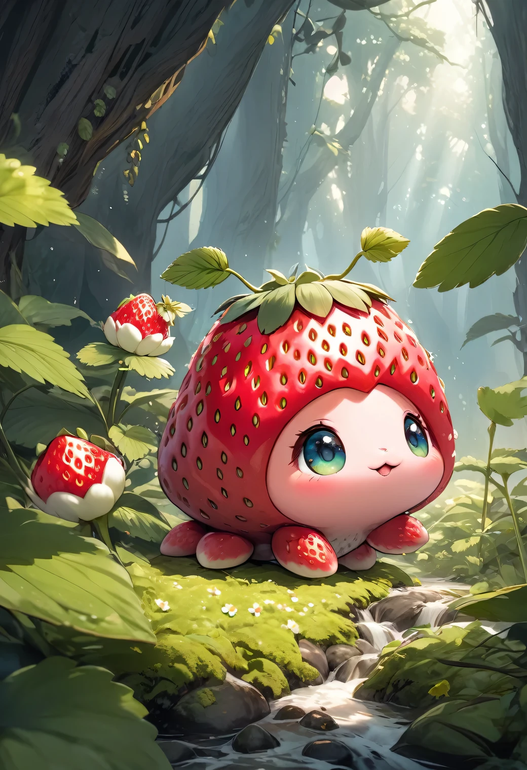 an image of a cute strawberry creature, fantasy, fairytale.