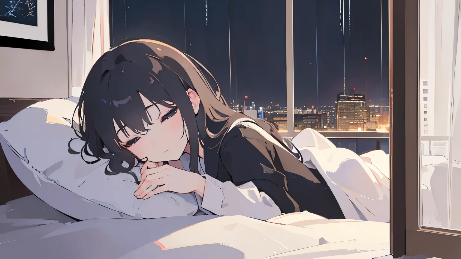 ((Highest quality)), ((masterpiece)), (detailed), night、girl、Watching the rain outside the window、Bedroom、Sleeping