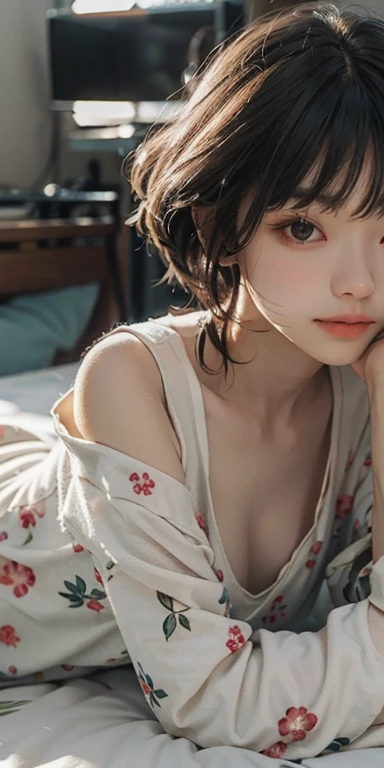 Cute girl lying face down on the bed and looking at you, 22 years old, Realistic, She wears a short, She is wearing floral pajamas, short hair.Shoulder Bare、Chest visible from the front