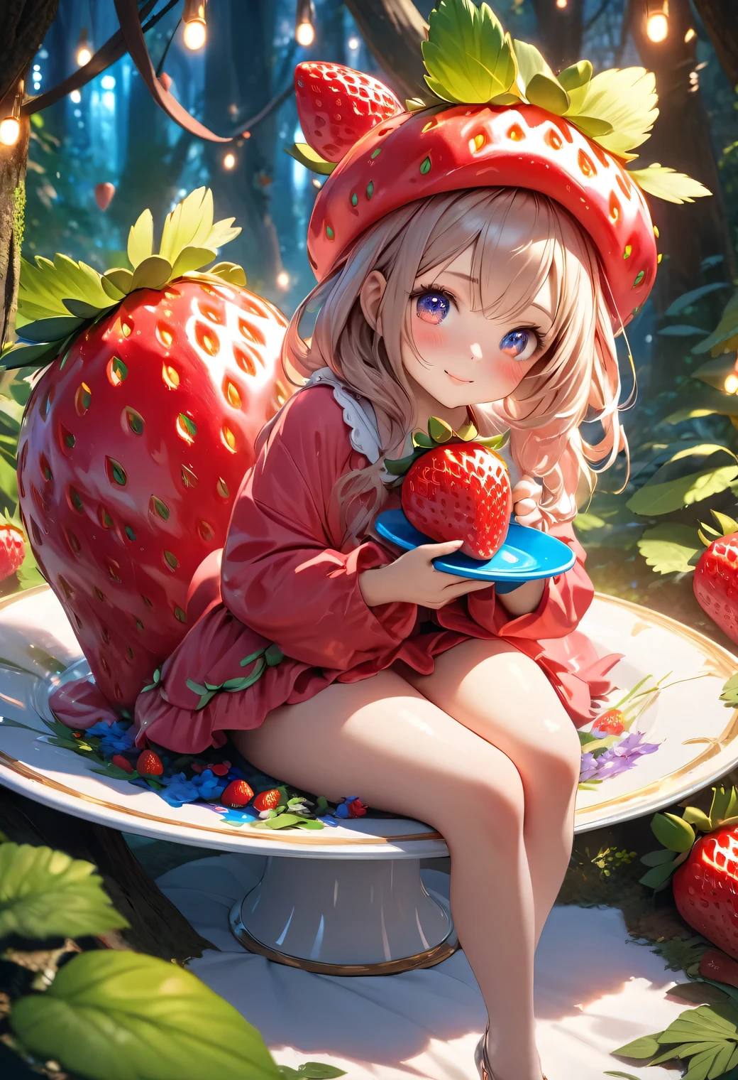 a cute red strawberry creature, 1girl, detailed face and eyes, colorful strawberry costume, sitting on a dish in a fantasy forest, glowing lights, bright colors, magical atmosphere, blushed cheek, beautiful cute face and eyes, beautiful delicate longeyelash, (highest quality,16k,highres,masterpiece:1.2),ultra-detailed,hyper-realistic,photorealistic,photo-realistic:1.37,fantasy,fairytale,vibrant colors,warm lighting