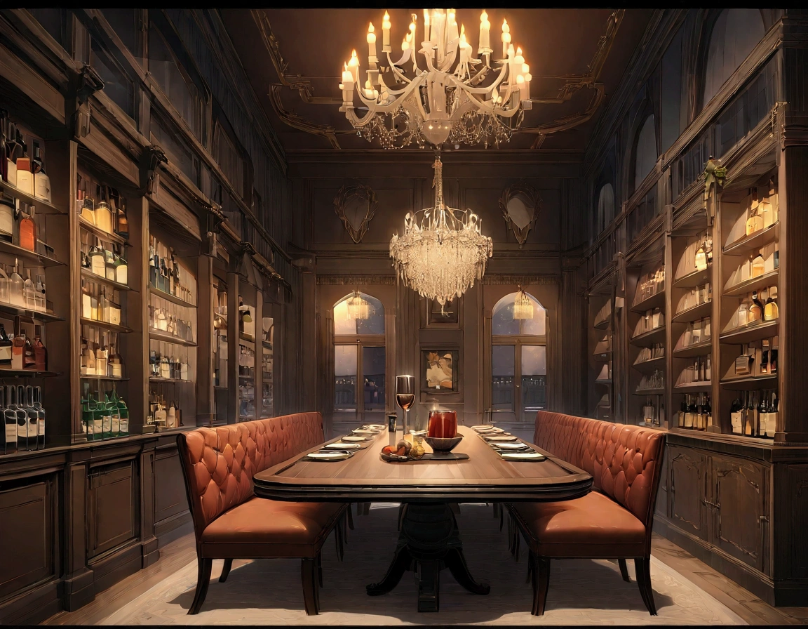 ((((masterpiece, Highest quality, High resolution)))),High detail, manga,anime,Illustration Style,Dark and calm night colors,並べられたトlampのカード,ポーカーをするためのpub,Game fantasy world view,Extremely detailed 8K, High detail, pub,Table at the liquor store,There are no people around,background,トlampのカードが置かれたテーブル,lamp,Wine and beer,A stylish world,The enchanting world of night,lampは少なく辺りは暗い,In the center of the screen is a large table,Luxurious and spacious with high ceilings,A very, very dark room at night,There is only a little light,The room is dark,トlampカード