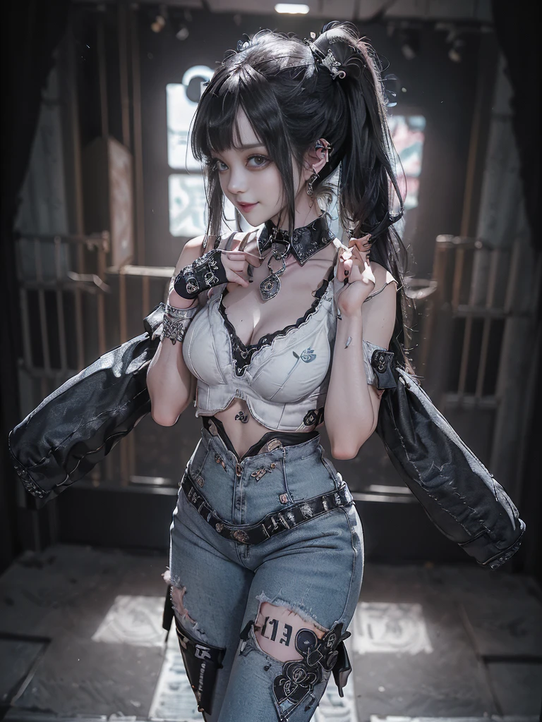 (Full Body View:1.2)、(Side view:1.1)、(Smiling with teeth showing:1.3),(Shibuya Gal:1.5)、(Fashion in the style of Gothic ta:1.5)、(Punk rock visual kei:1.5)、(Wearing a rhythmic gymnastics bodysuit with intricate details:1.4)、(Elaborately decorated white racing suit and pants, Denim and Charcoal:1.5)、(Denim and light blue and white boots:1.3)、((belt))、(A number of subtle logos are featured throughout the costume々:1.4)、(collar:1.3)、(Underwear decorated with silver accessories:1.5)、20-year-old、Browsing Caution、((Highest quality、In 8K、masterpiece:1.3))、Sharp focus:1.2、(Layered Cut、Huge boobs:1.1),Beautiful woman with perfect figure:1.4、(She is posing as a glamour model.:1.3)、Slim Abs:1.2、Highly detailed face and skin texture、Detailed eyes、double eyelid,(Twin tails:1.3)、(Black brown hair:1.3)、Idol Sculpture、(The background is the stage for a fashion show:1.3)、(The body is slim:1.3),(Slimming your legs:1.4),(clavicle:1.1)、(Thin and slim thighs:1.3)