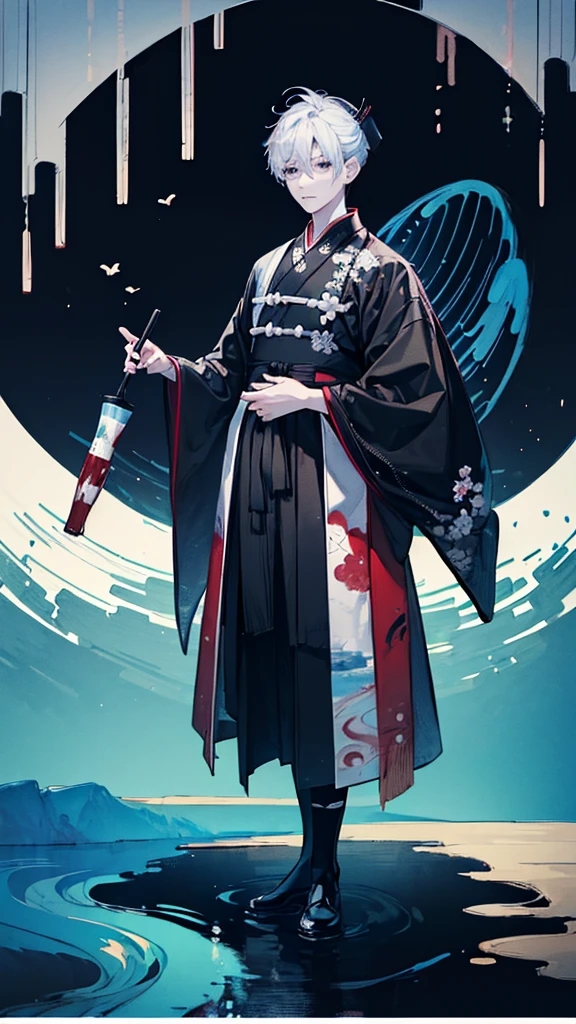 ((standing full body shot:1.5)), A man, standing collar black shirt, black Hakama, BREAK, ((Haori with a painted river and willows:1.5)), short boots, ink painting style, (best quality,4k,8k,highres,masterpiece:1.2),ultra-detailed,(realistic,photorealistic,photo-realistic:1.37),extremely detailed face and body, detailed eyes, detailed nose, detailed lips, detailed hair, dramatic lighting, moody atmosphere, vibrant colors, traditional Japanese aesthetic,((black background))