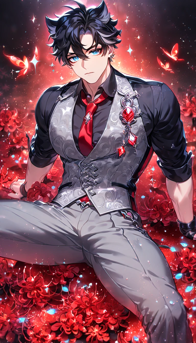 absurdres, highres, ultra detailed, HDR) master piece, best quality, Wriothesley, black hair, expressive gray-blue eyes, Genshin Impact, solo, sexy man sitting, handsome, sensual, black shirt, gray vest, loosely red necktie, gray pants, accessories, magical, fantasy, red butterflies, glittering, sparkling, red spider lilies, petals, radiant, flames, crystal glass style, manly man