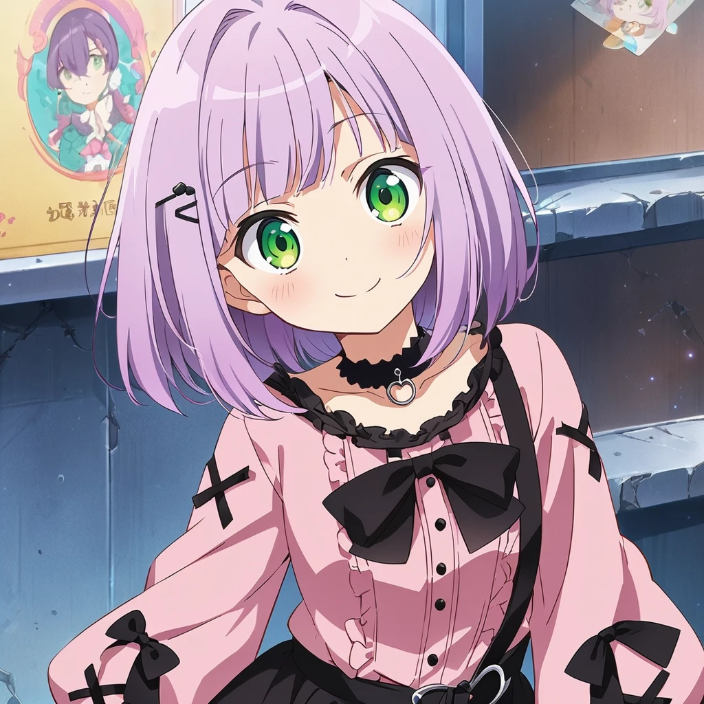 A girl, (a girl with closs hair pin, looking at viewer. Light purple hair, bob cut hair, smiling face, green eyes. closs hair pin, pink shirt, cosplay, jirai kei, bangs, black skirt, black bow, looking at viewer, bow, long sleeves, choker, ribbon:1.4), anime visual, (tilt head:1.3),Cute, Kawaii, Masterpiece, Detailed Drawing, Illustration, Official Art,