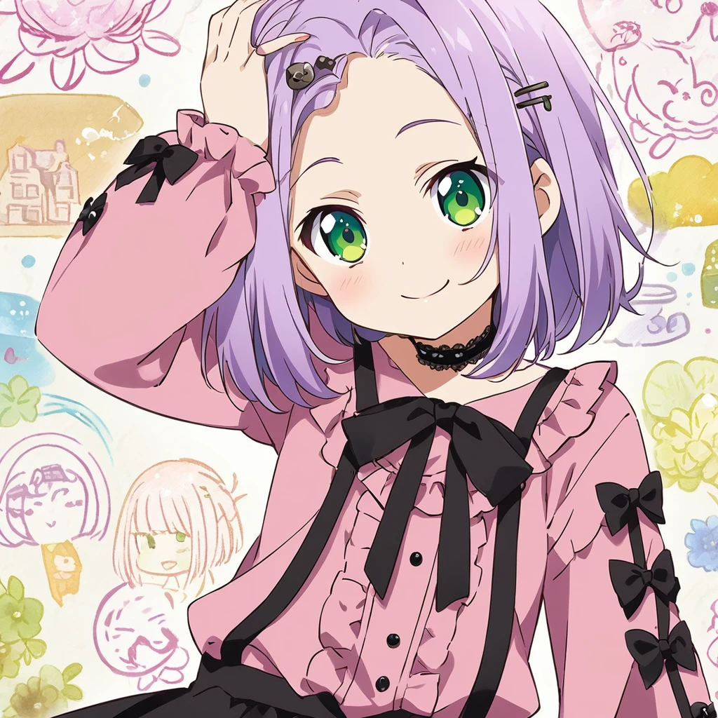 A girl, (a girl with closs hair pin, looking at viewer. Light purple hair, bob cut hair, smiling face, green eyes. closs hair pin, pink shirt, cosplay, jirai kei, bangs, black skirt, black bow, looking at viewer, bow, long sleeves, choker, ribbon:1.4), anime visual, (tilt head:1.3),Cute, Kawaii, Masterpiece, Detailed Drawing, Illustration, Official Art,