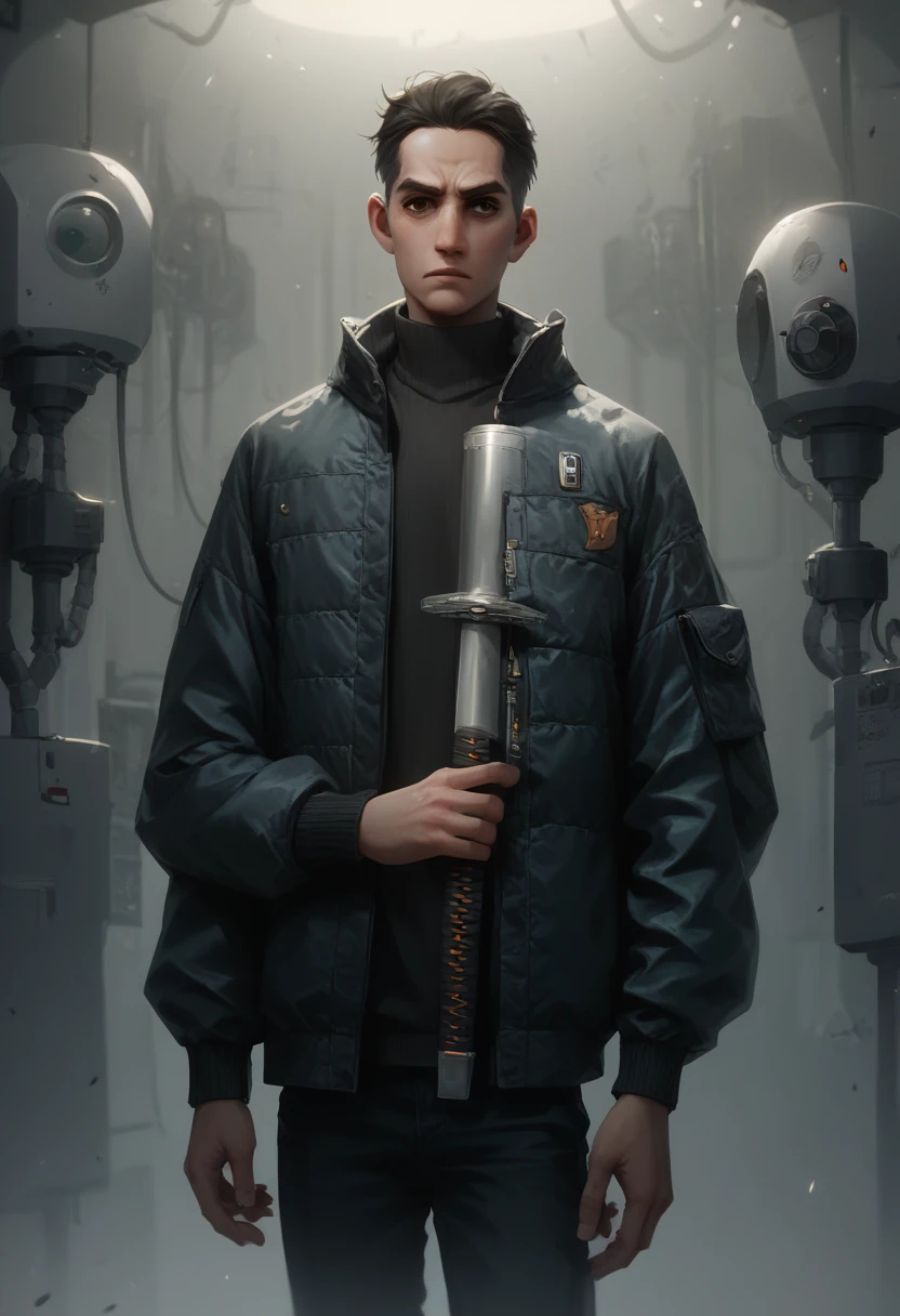 score_9, score_8_up, score_7_up, score_6_up, BREAK
A young man: parted haircut, brown eyes, with goggles, wearing black pants a black knitted sweater, and a bomber jacket, with dieselpunk tech around, curious expression, inquisitive face, holding a sword, laboratory background, various machines in the background,